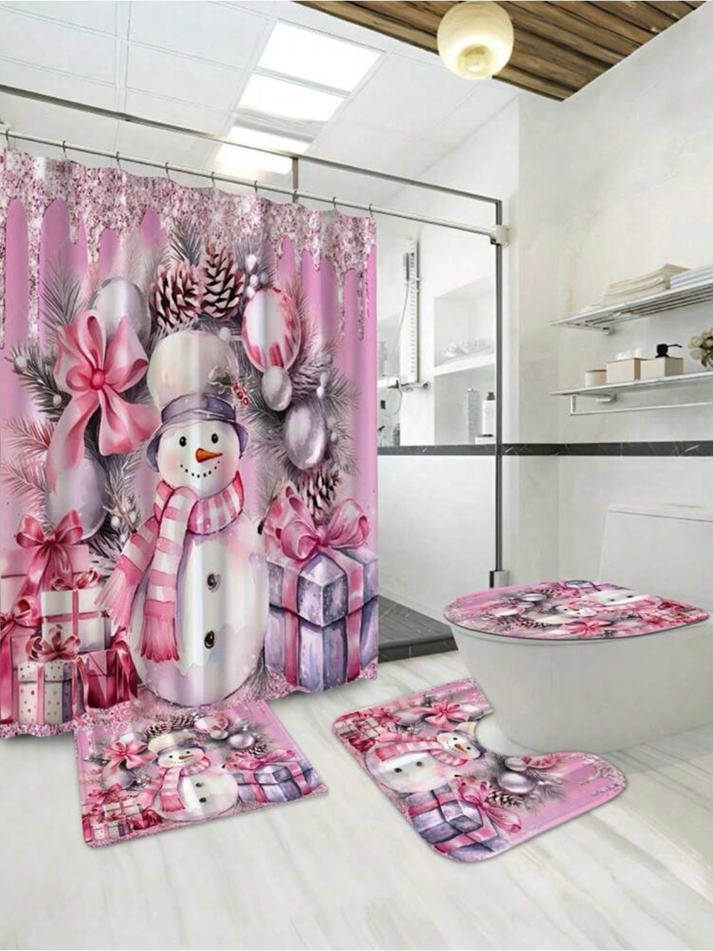 Pink Snowman Holiday Bathroom Set - Festive Shower Curtain & Mats